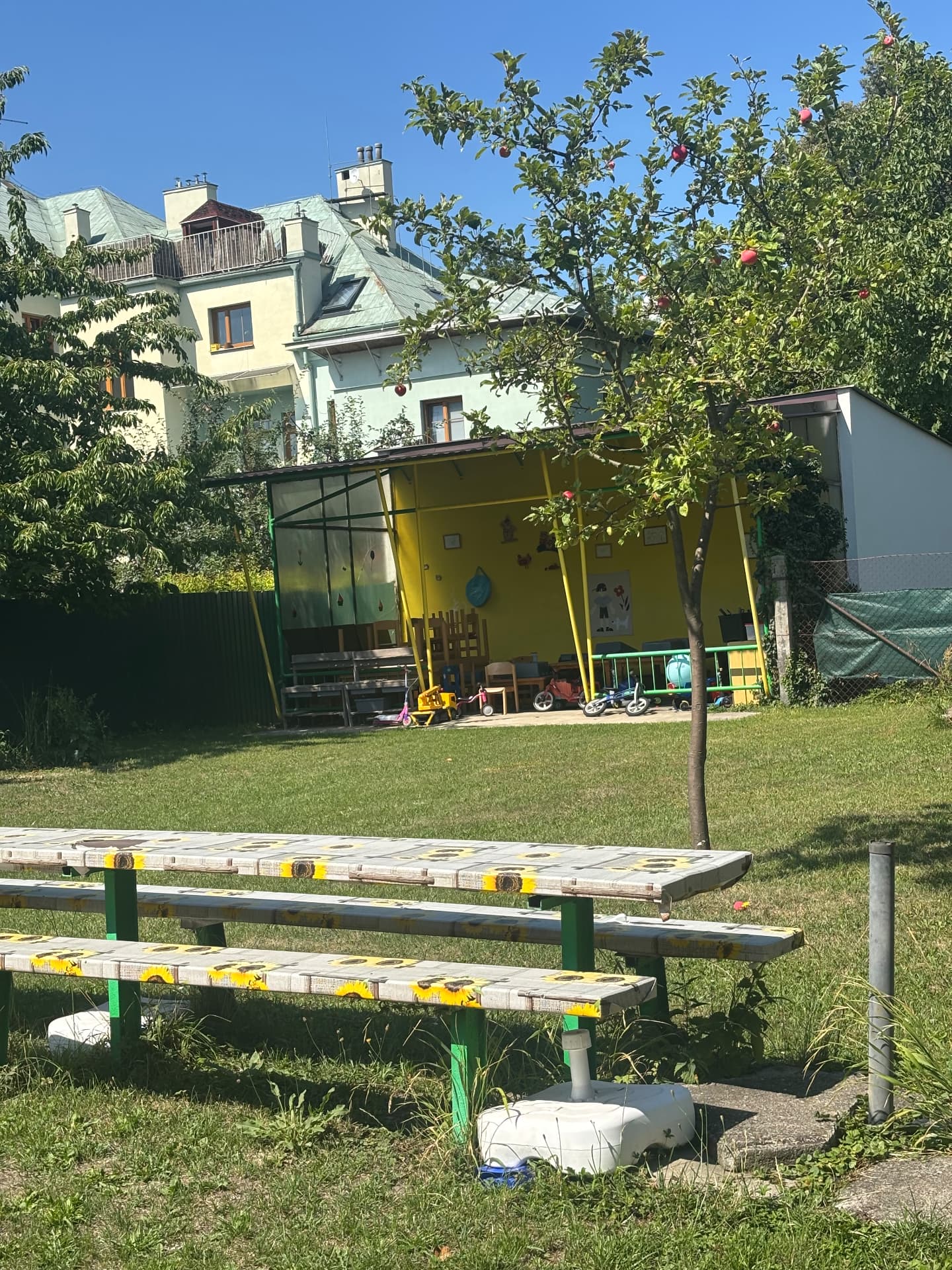 Zahrada mateřské školy s lavičkami a stromy