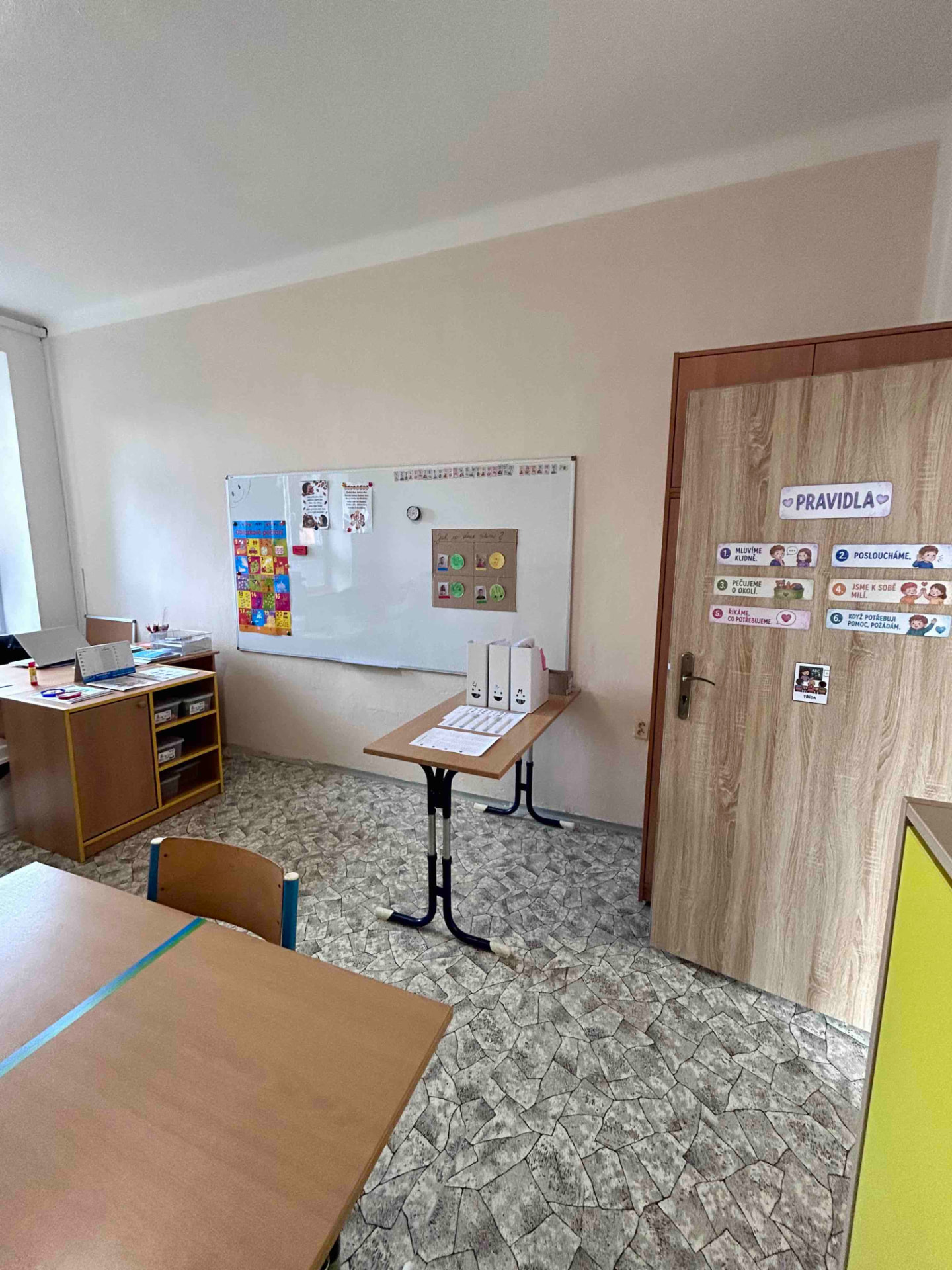 Třída s tabulí a dveřmi s pravidly třídy